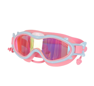 Kids Swim Goggles With Ear Plugs UV Protection Anti-Fog Leak Proof Wide View Pool Swimming Goggles (Option: Pink BlueRim)